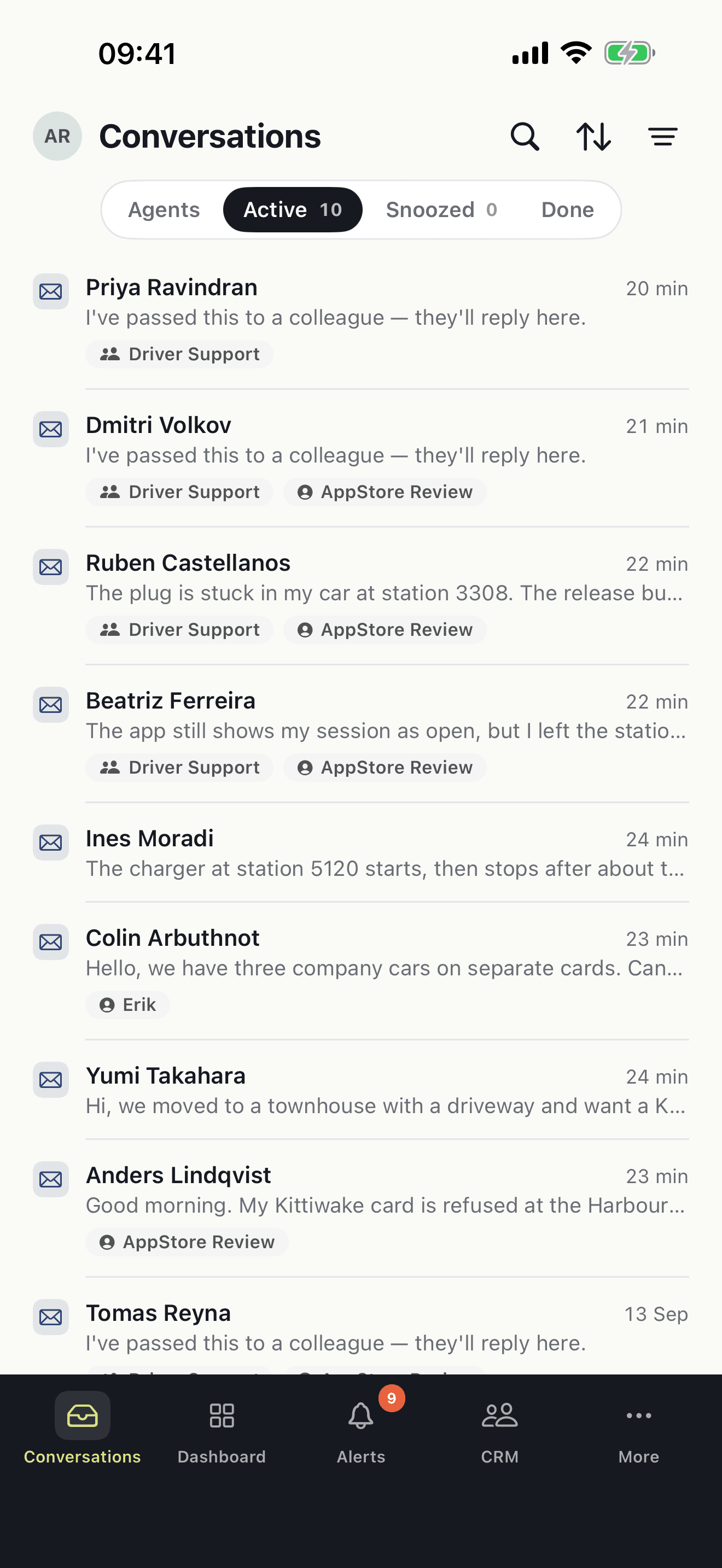 The Atender iPhone app's conversation list, with Agents, Active, Snoozed and Done.