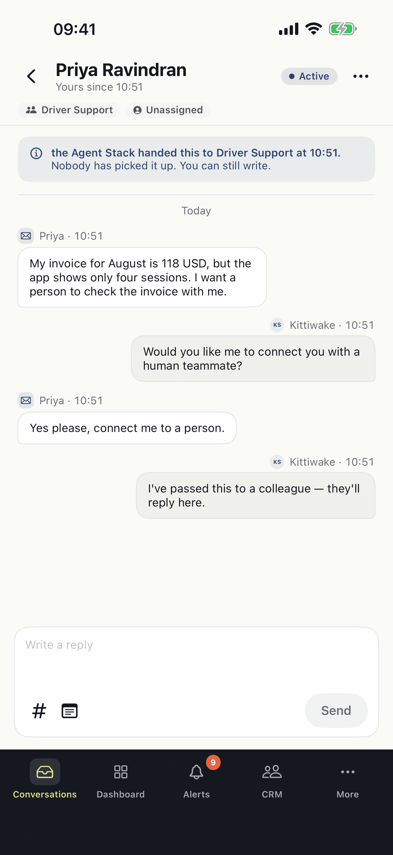 A customer conversation in the Atender iPhone app, with the AI agent's reply.