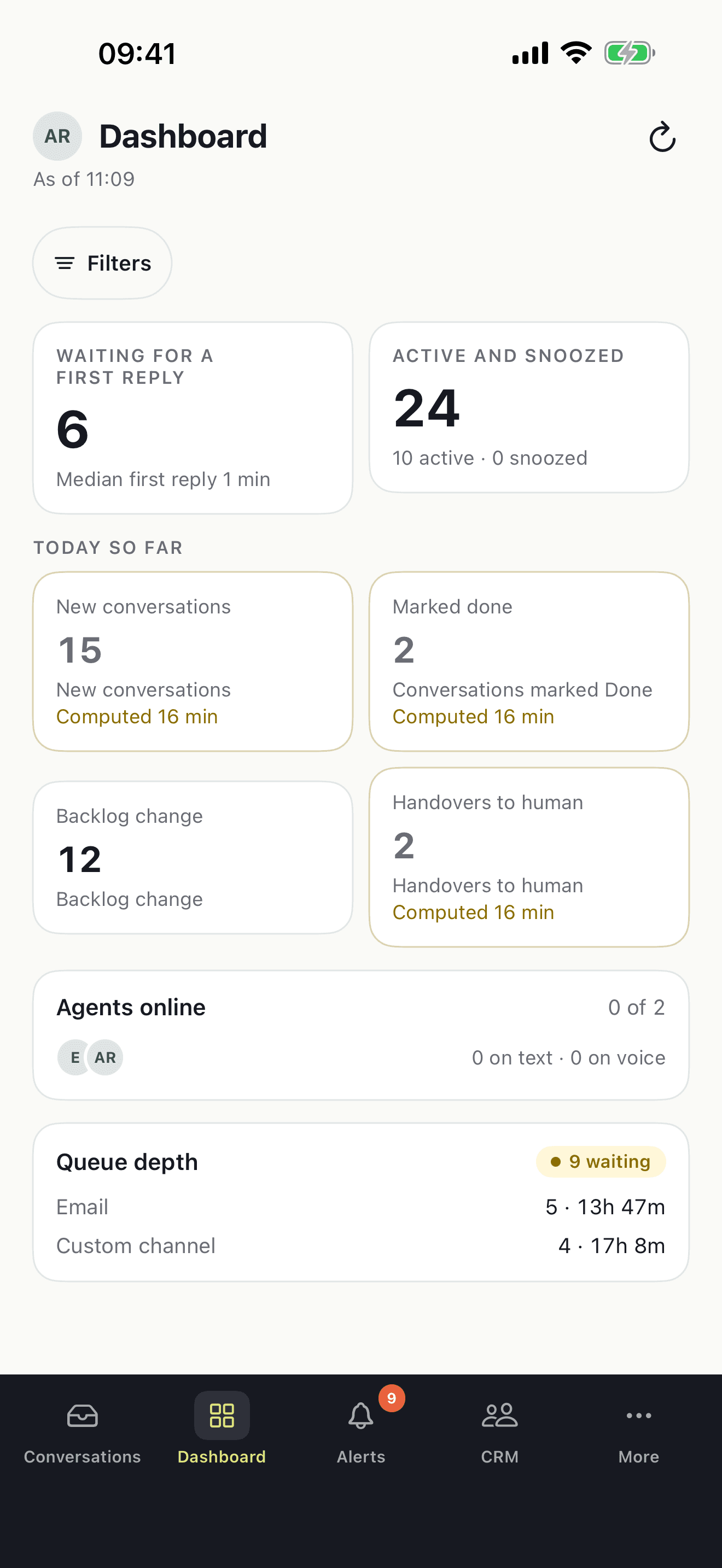 The Atender dashboard on iPhone, showing conversations waiting for a first reply.