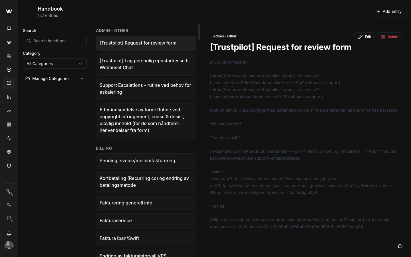 Internal handbook for agent guidance