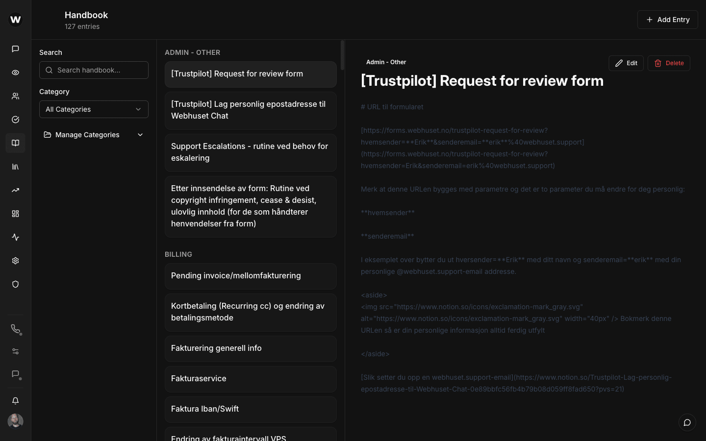 Internal handbook for agent guidance