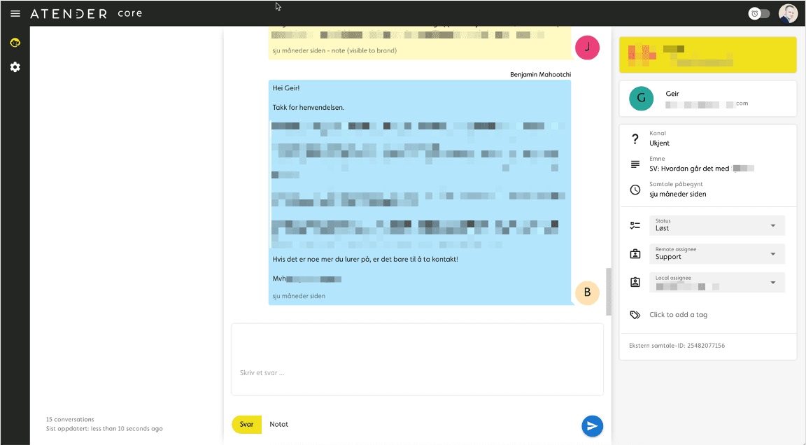 Atender Core — the original 2019 product, with the ATENDER core wordmark and a live conversation panel