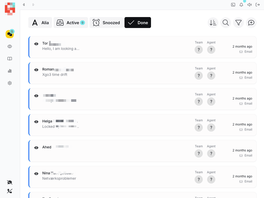 Atender v2 inbox — Active / Snoozed / Done tabs over a list of conversations