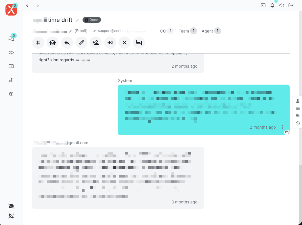 Atender v2 conversation thread — system reply and email conversation history