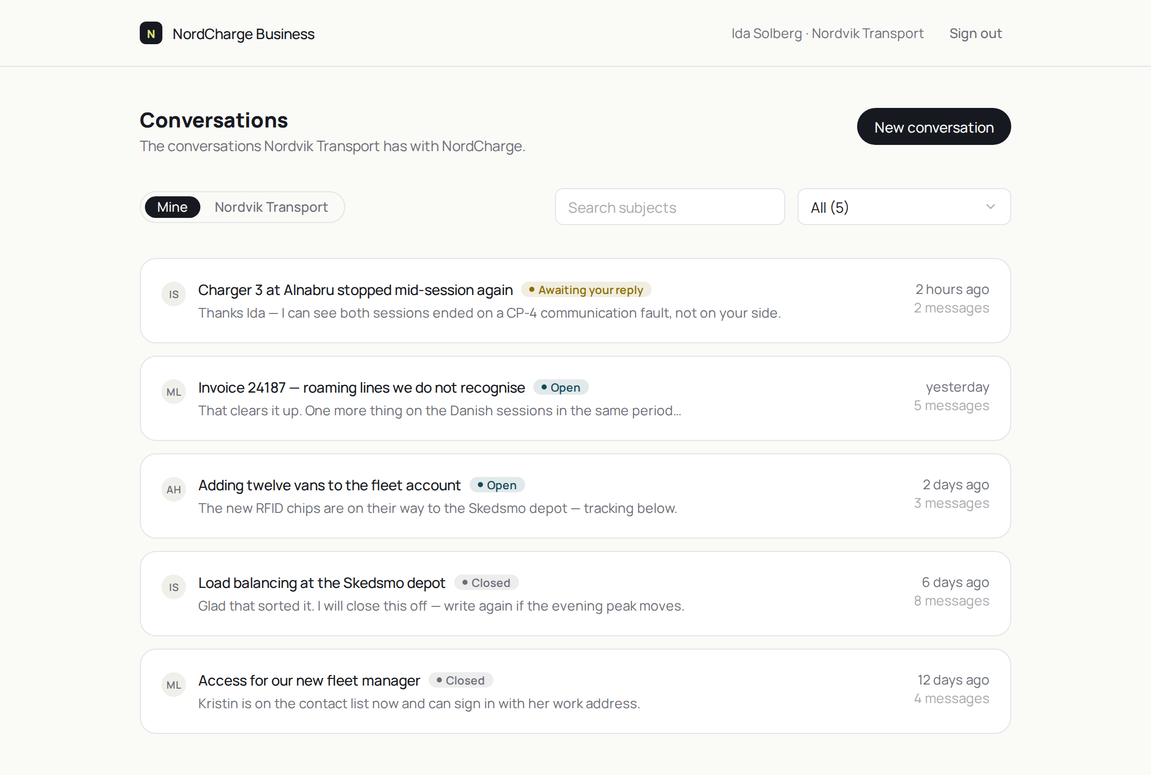 The Atender Customer Portal — one customer company's conversations on one page, with Open, Awaiting your reply and Closed badges