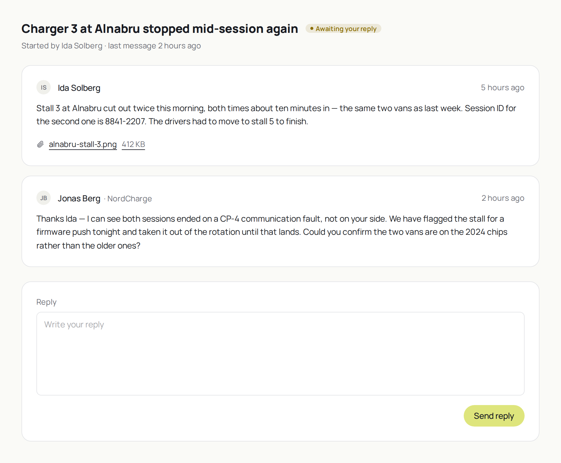 A conversation in the Customer Portal: the thread, its attachments, and the reply box